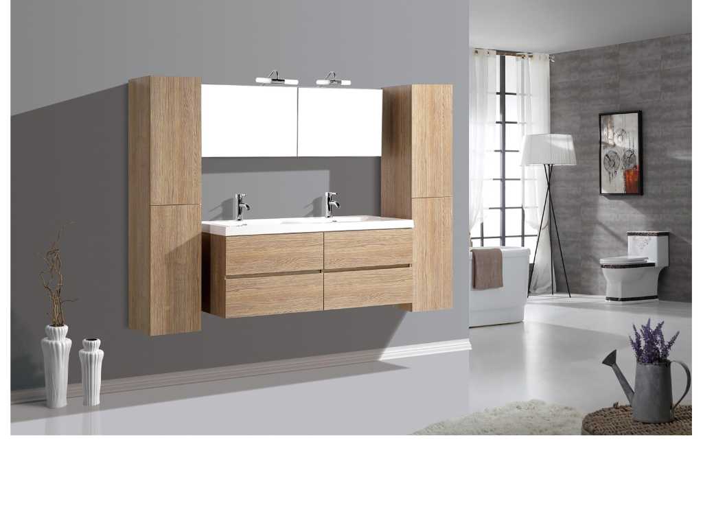 Meuble de salle de bain pour 2 personnes 145 cm décor bois clair - Robinetterie incluse