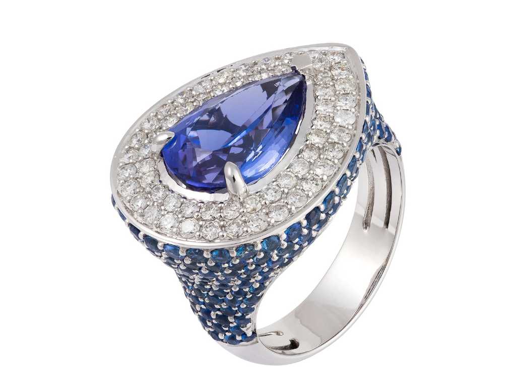 Prachtige luxe ring naturel blauw tanzaniet en blauwe saffier 8,42 karaat in 18k witgoud