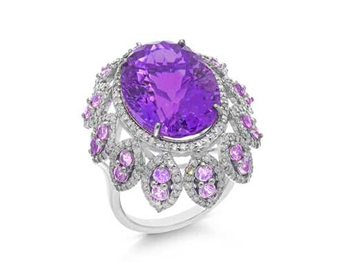 Ring met ovale amethist diamanten en roze toermalijn