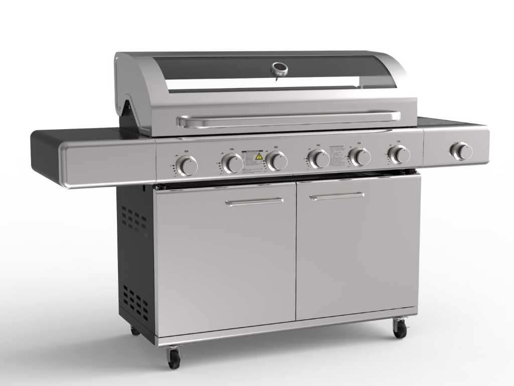 Gas barbecue 6 burners - Stainless steel with cast iron grates - Incl. side burner & cast iron hob