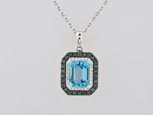 Collier en or blanc 14 KT avec pendentif en diamant naturel et topaze bleue