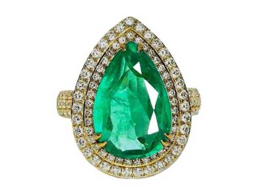 Anello per gioielli alti naturali Zambia Intenso blu-verde (colore raro) smeraldo 7,77 carati in oro giallo 18 carati