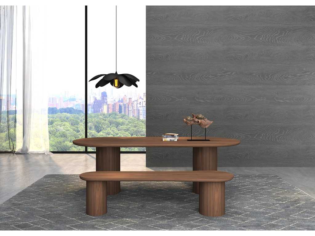 1x Tisch aus Nussbaumfurnier mit Sitzbank 220cm