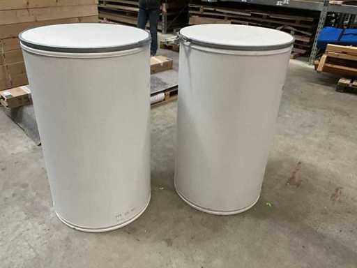 2 pezzi di materiale sfuso: contenitore bianco, coperchio in legno e anello di tensione alto 113cm 67cm di diametro