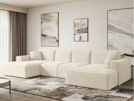 Fixed panoramic corner sofa - beige corduroy