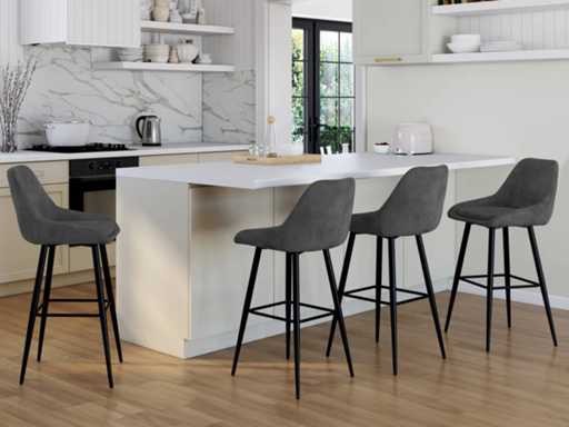 Donkergrijze fluwelen zitplaatsen, barkrakrukken en metalen poten (x4)