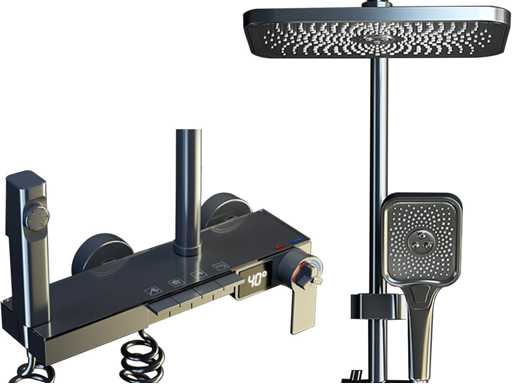 Grey exposed shower system, thermostatic faucet set