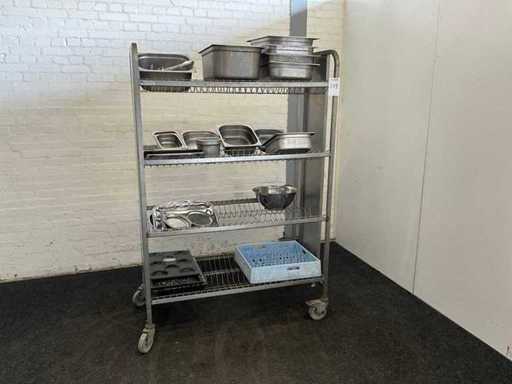 Edelstahlwagen + verschiedene Küchenutensilien