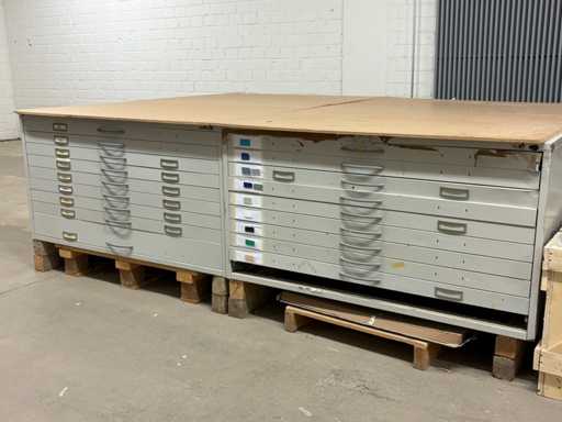 PLAN CABINETS Flat cabinet module combination – 5 steel drawer cabinets DIN A0 – with workbench top