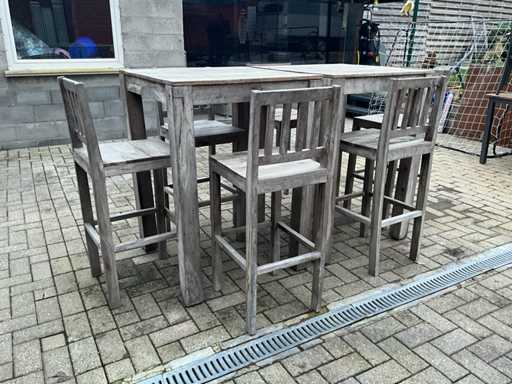 Raised terrace table with bar stools