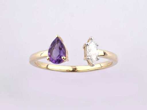14 KT Yellow Gold Ring With 0.59 Cts Natural Diamond and Amethyst