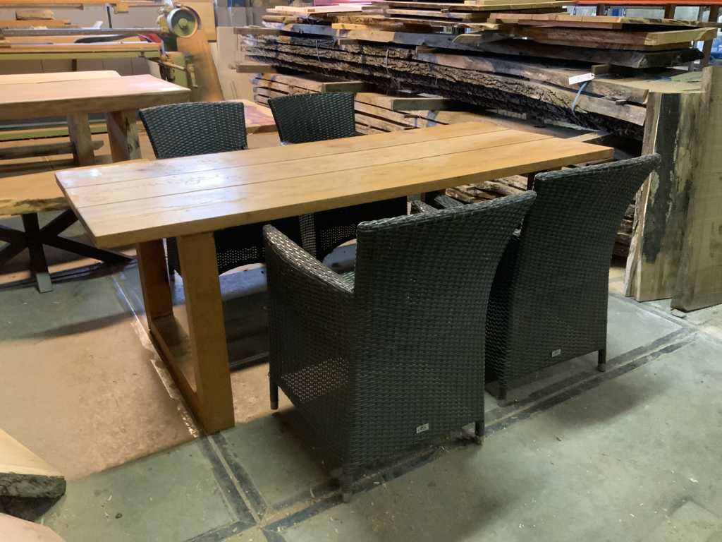 American oak patio table with 4 rattan chairs