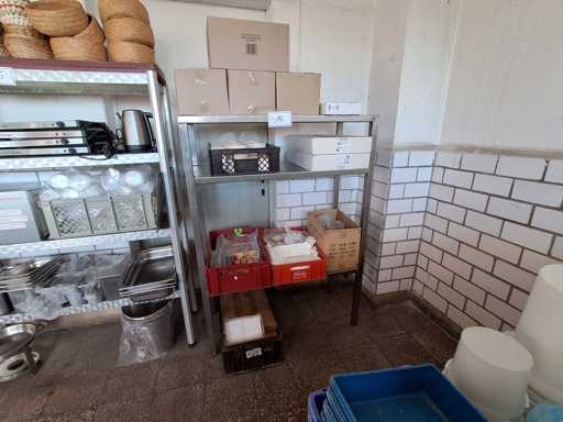   Stainless steel shelf with contents