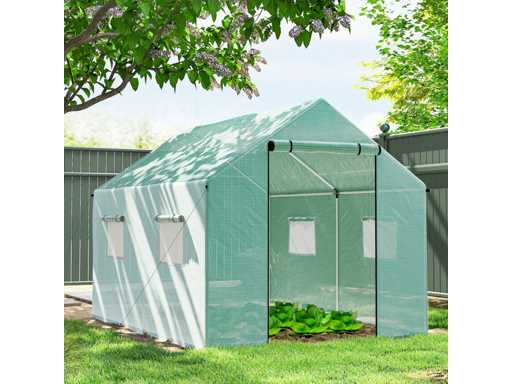 Tunnel garden greenhouse 2 x 3m, 6m² with roll-up door, 4 windows, - High density PE galvanised steel Green