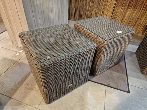 2 x Life Pouf/Table basse en osier brun avec dessus en verre trempé - OSIER HDPE 7 mm