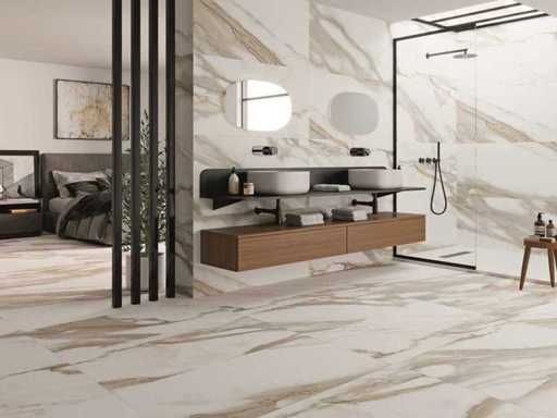 Natural stone tiles and washbasins