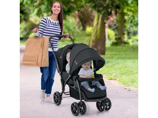 Foldable double stroller with adjustable backrest and canopy - black