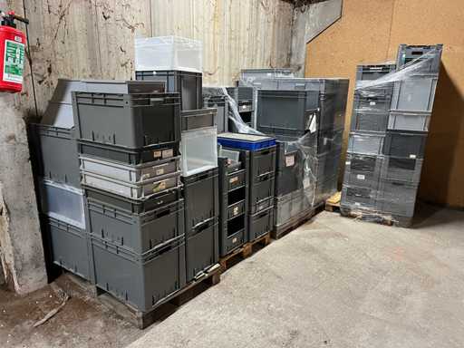 Batch of plastic stacking bins on pallets