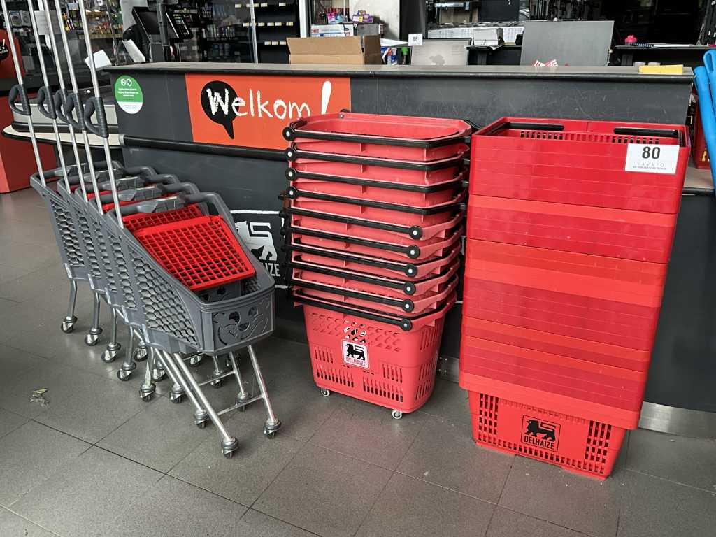Approx. 35 assorted PVC shopping baskets + 5x children's trailer WANZL TANGOLINO