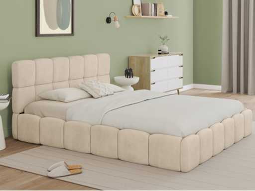 Lit coffre en velours beige avec sommier et tête de lit 160x200m