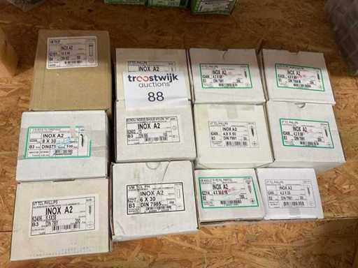 12 Kisten mit Edelstahlschrauben und Schrauben aus Holz