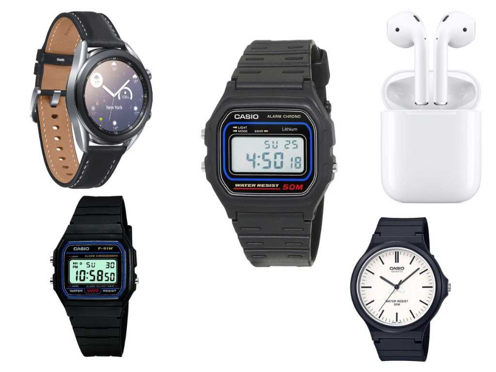 Various watches and earphones Apple, Casio, Samsung