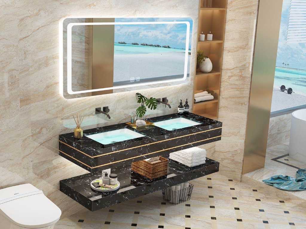 Dulap de baie duo din 2 piese negru-marmură. Cu oglindă LED și robinete de perete (120cm)
