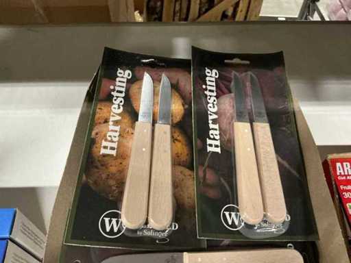 Partia noży do ziemniaków ze stali węglowej 8 cm z rączką z czerwonego buka (22x)