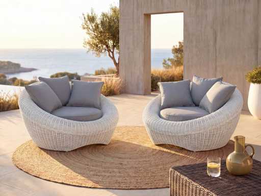 Set of 2 garden armchairs in ivory woven resin