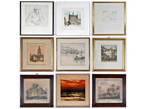 Diverse kunstenaars - Lot van 9 in gelijste werken: Roland Devolder/ Herman Verbaere / Weemaes...