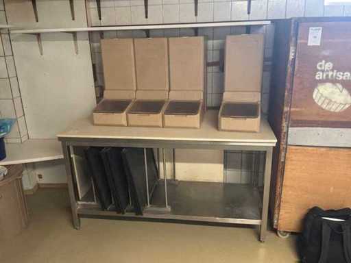 Work table with baking trays and 4 serving trays