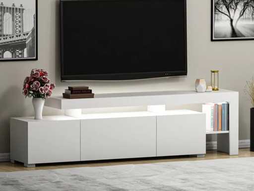 3-deurs melamine tv-meubel met witte afwerking en LED-verlichting
