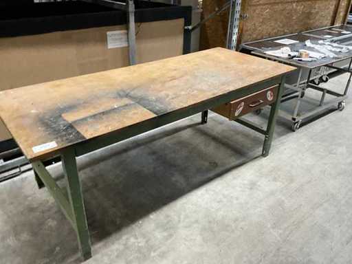 Versione pesante 220cm x 80cm, piano di lavoro in faggio, multiplex con cassetto e telaio in acciaio