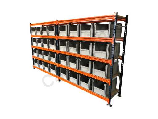 Legbordstelling incl 32 grote magazijnbakken. 