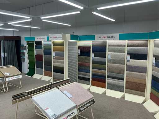 Wall shelving with carpet samples