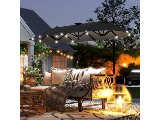 Double garden parasol 3 x 1.5 m, outdoor garden parasol with solar lighting, crank and 2 vents, grey