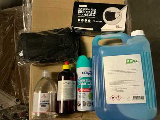 Face masks, face protectors, disinfection gels (mix 3 palettes)