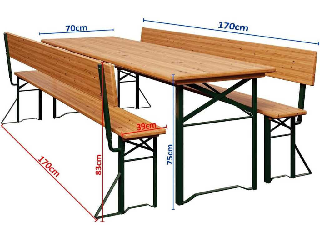 MaxxGarden Stół piknikowy z ławkami – Składany stolik piwny – Zestaw piknikowy Drewno – Stół z ławką – Ławki z oparciem – 217x69x75cm