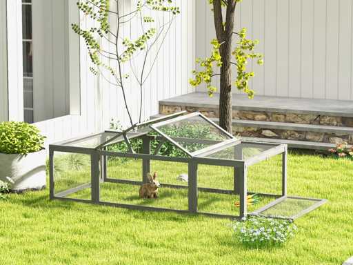 Houten hok voor grote konijnen, buitenverblijf met afsluitbare deuren - grijs