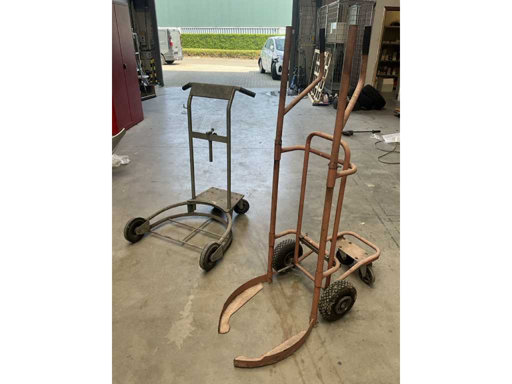 2 various metal barrel carts