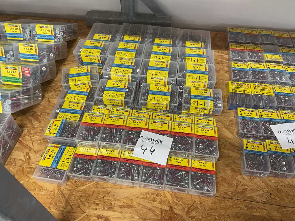 Boxes of wood screws with bits