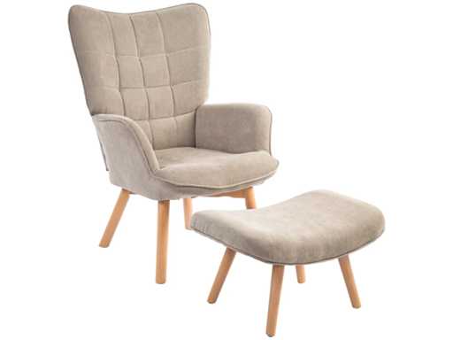 Accent Chair with Footstool, Relax Armchair in Corduroy, Armchair with Armrests and Wooden Legs, for Living Room, Light Brown