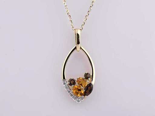14 KT Yellow Gold Necklace with Pendant With Natural Diamond and Smoky Quartz and Citrine