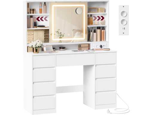 Dressing Table with LED Mirror, Power Strip, 9 Drawers, Magnifying Glass 10x
