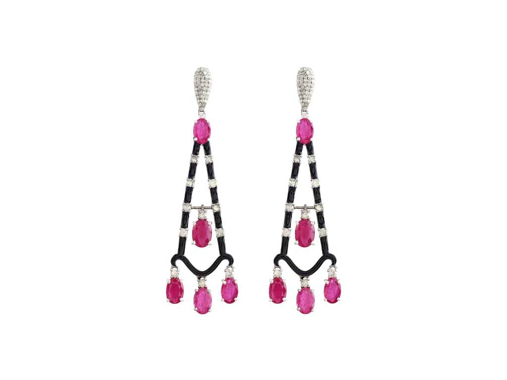 Earring 14kt Gold And Silver With Natural Diamonds And Ruby