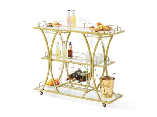 Desserte Bar 3 Niveaux 111 x 35 x 93 cm Chariot de Service en Acier et Verre 