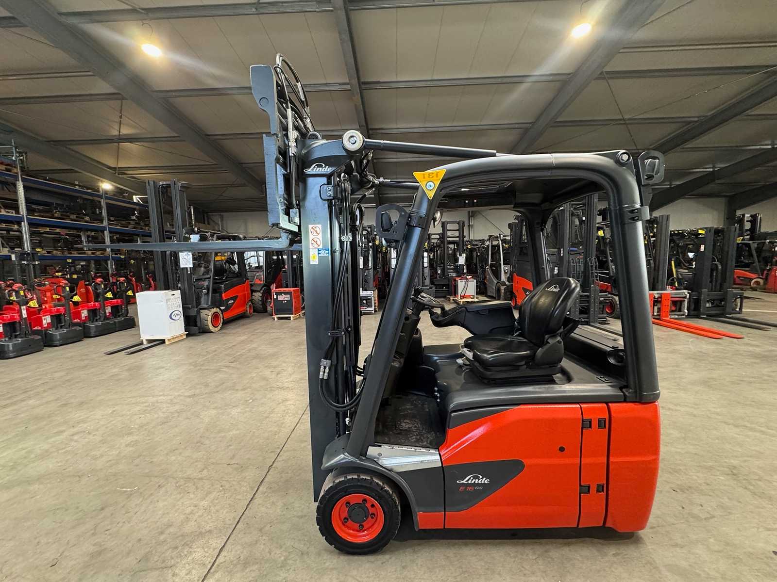 2020 Service + UVV 01/2027 Linde E16 Free Lift Duplex 3rd + 4th Fork Adjuster Electric Forklift 3,298 Hours
