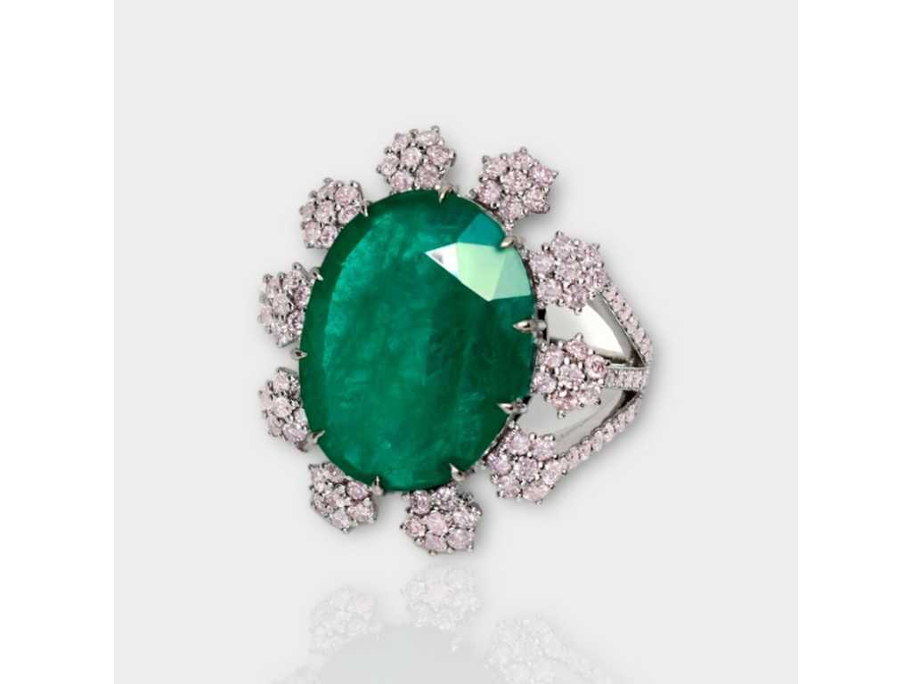 Magnificent High Jewelry Ring in Natural Bluish Green Emerald with Natural Pink Diamonds 11.01 carat