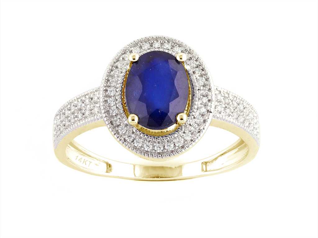 14 KT geelgouden ring met natuurlijke diamanten en blauwe saffier