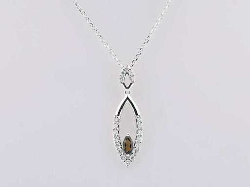 14 KT witgouden ketting met hanger van 0,37 cts natuurlijke diamant en rokerige kwarts